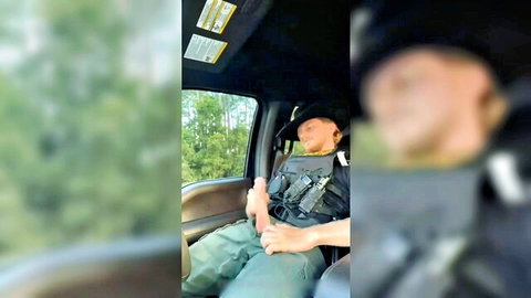 Sheriff in uniform jerking off in police cruiser, exposing cock