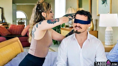 Tattooed Latina Vanessa Vega blindfolds husband for kinky threesome