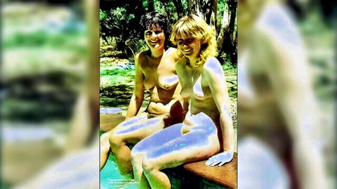 Topless blonde stepmom in white thong with nude stepson by pool