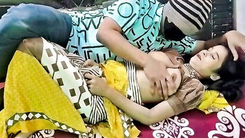 Indian guy gropes hot babe's exposed tits passionately on bed