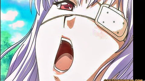 Hentai babe with purple hair and eyepatch in intense ahegao face with wide open mouth
