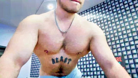 Muscular white guy with chest tattoos posing in blue underwear amateur gay video