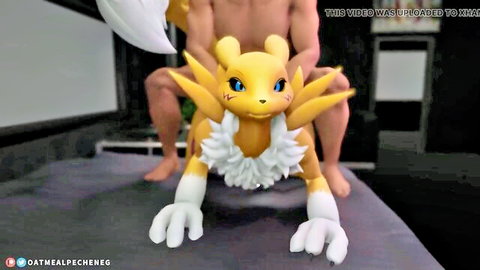 Muscular naked man fucks yellow furry Renamon doll pussy doggystyle on bed