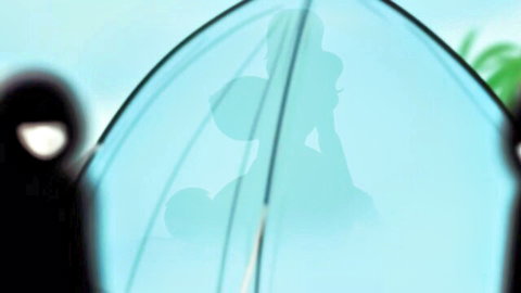 Blonde babe silhouette on surfboard at beach, viewed by veiled women