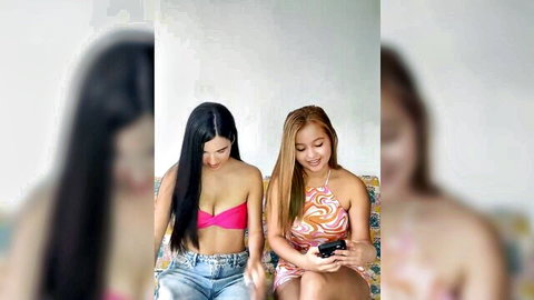 Miasofiathompson and friend in bikini and dress, sexy Colombian cam tease