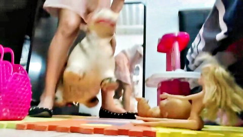 Marianita in seductive stepdaughter doll play scene with toys