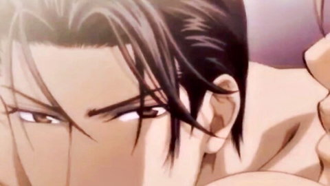 Anime hunk with sharp eyes and long dark hair touched intimately by woman in hentai OVA