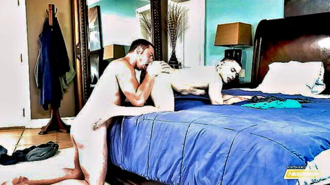 Athletic nude gay couple in doggy style anal sex on blue bed