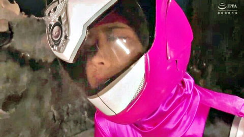 Asian girl in shiny pink Power Rangers cosplay helmet closeup