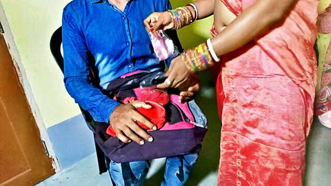 Indian woman in red saree seduces sitting man during phone call