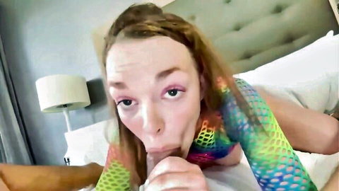 Ginger PAWG in colorful mesh bodysuit POV oral tease on bed