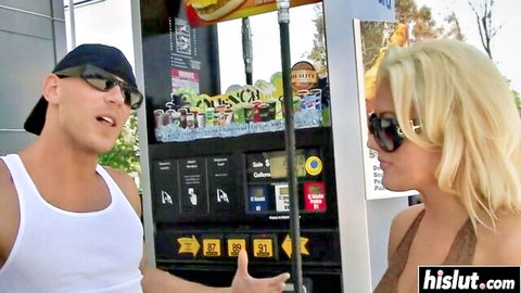 Megan Monroe blonde bimbo flirting with guy at gas station in sexy top
