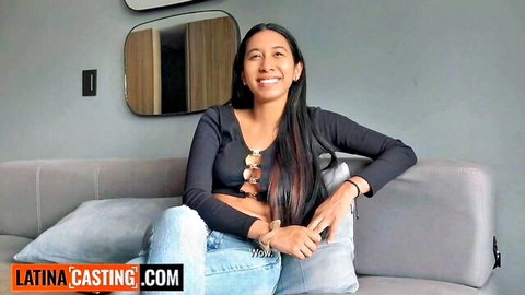 Smiling 18yo Colombian amateur in sexy black crop top and jeans