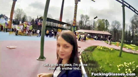 Brunette teen hottie smiles during public pickup at amusement park