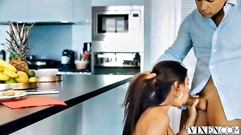 Liya Silver kneeling blowjob in hardcore threesome kitchen scene