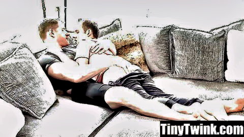Muscular man intimately embracing tiny twink in underwear