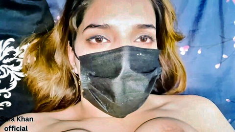 Masked Pakistani beauty with huge tits exposes her dark hard nipples seductively