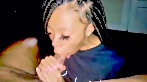 Ebony teen with braids deepthroats huge white cock in intense POV blowjob