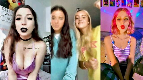Four sexy webcam teens posing provocatively with cleavage in bedroom selfies