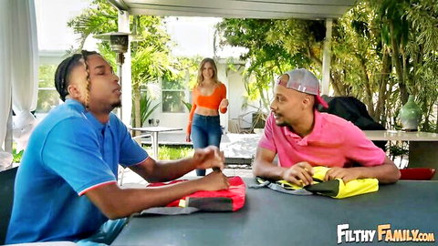 Aderes Quin as step-mom teases two black men in outdoor setup