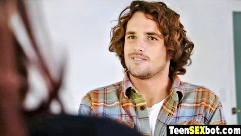 Handsome curly-haired brunette stud smiling in plaid shirt ready for rough teen sex