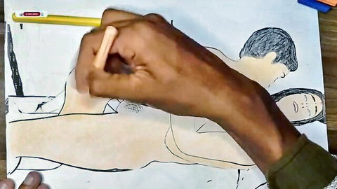 Brown hand drawing man fucking woman's pussy missionary style nude sketch.