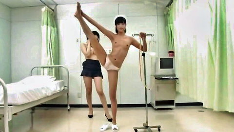 Topless Japanese nurse in high leg split exposing small tits and white panties in hospital