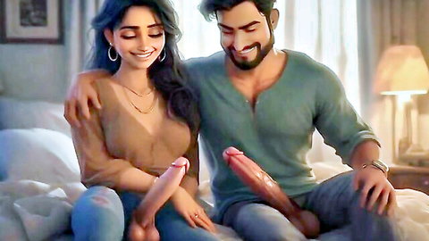 Smiling Indian woman grips boyfriend's huge erect cock with both hands on bed