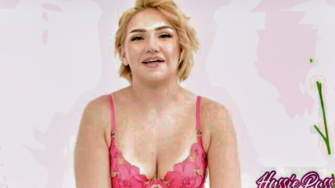 Bambi Barton blonde with heterochromia in sexy pink lingerie