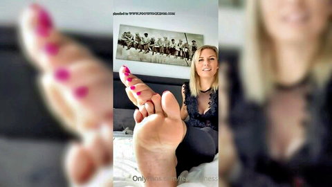 British blonde in lace top teases pink-polished feet for JOI
