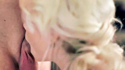 Fellucia Blow close-up blowjob on hard cock, blonde model oral action