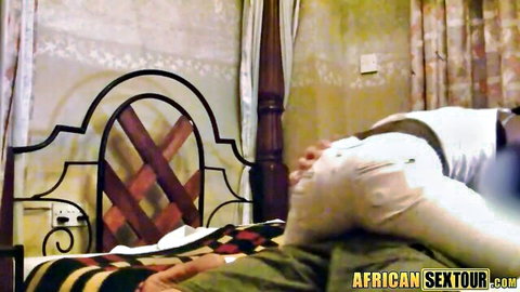 Shy black babe in white pants pulled down on bed, teasing oral scene