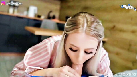 Blonde babe in pink pajamas sucks thick pink dildo on kitchen table
