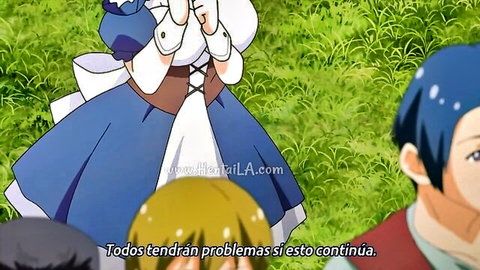 Shy anime maid girl covering face in blue dress hentai scene