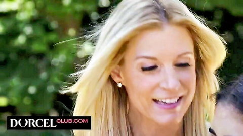 Smiling blonde busty MILF outdoors in seductive thumbnail for handyman scene