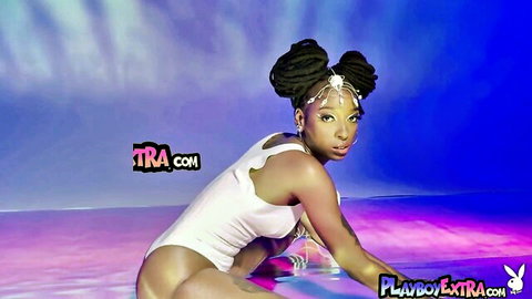 Big boobed ebony muse in white bodysuit posing passionately, 85 chars