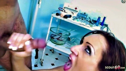 Slim brunette teen gives deep blowjob to gynecologist in clinic
