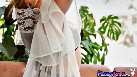 Big boobed beauty in sheer white lingerie making steamy solo debut