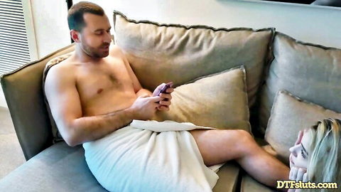 James Deen and Kenna James in teasing towel scene from hot threesome