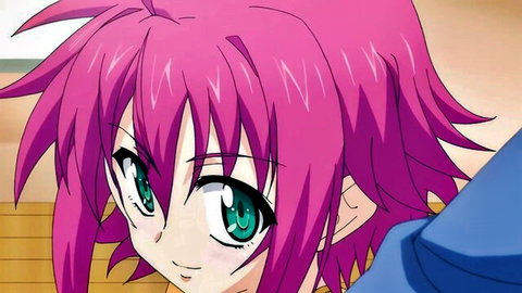 Cute pink-haired hentai girl with big green eyes smiling seductively closeup