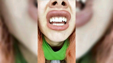 Giantess vore fantasy close-up of woman's wide open mouth with plump lips
