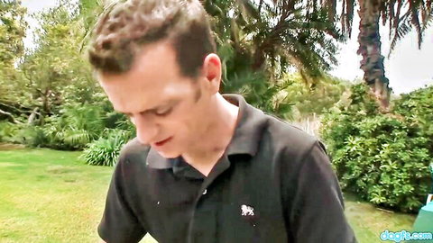 Chad Diamond as resort masseur bending over in lush garden, teasing great orgasms
