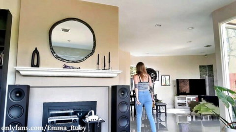 Emma Ruby teasing in tight jeans and crop top from behind at party