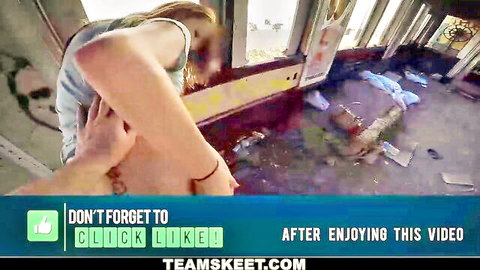 Blonde teen leaning out window in abandoned building with messy floor outdoor pickup tease