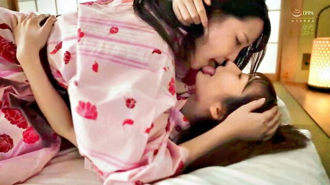 Shiori Minami in passionate lesbian kiss wearing yukata