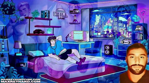 Anime gay hunk in blue nurse outfit lounging legs spread on neon cyberpunk bed