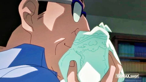 Anime blogger in glasses reacting to hentai video, holding cloth to nose