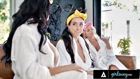 Chloe Surreal with stepmoms Danielle Renae and Little Puck in open robes, smiling curiously