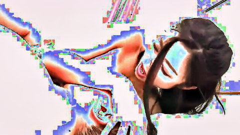 Japanese woman smiling with exposed tits and long dark hair in closeup