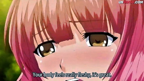 Close-up of flushed pink-haired busty hentai babe in ecstasy